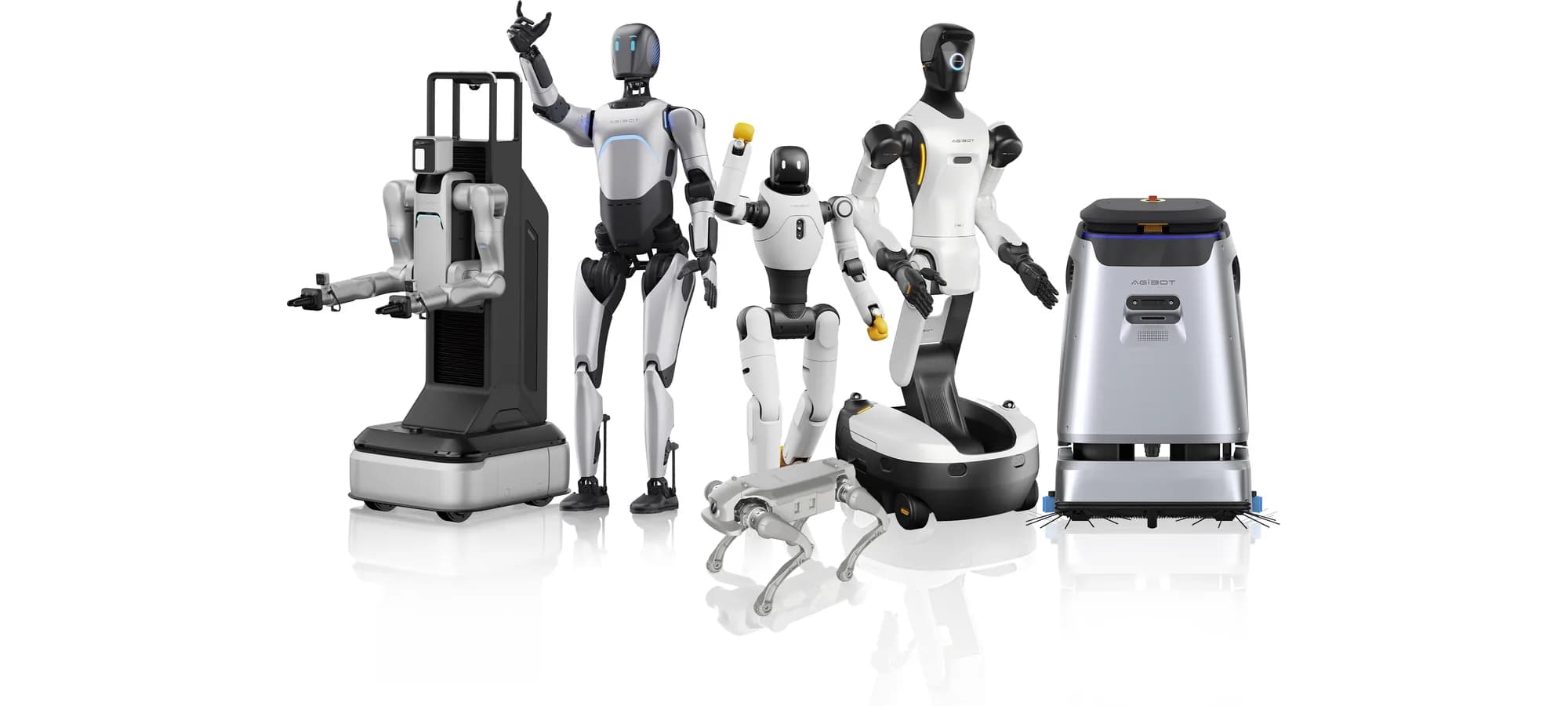 Sechs Roboter aus dem AGIBOT-Portfolio nebeneinander vor weißem Grund: drei humanoide Modelle unterschiedlicher Größe, ein vierbeiniger Roboter, eine fahrbare Plattform mit Greifarm und ein Reinigungsroboter.