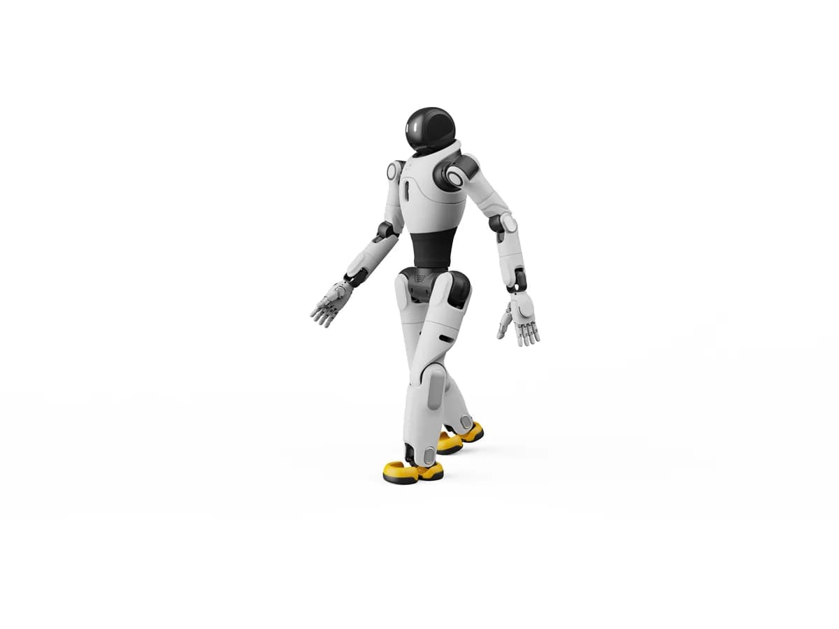 Humanoider Roboter AGIBOT X2 Ultra in Schrittstellung, Seitenansicht, weißer Körper mit gelben Füßen.